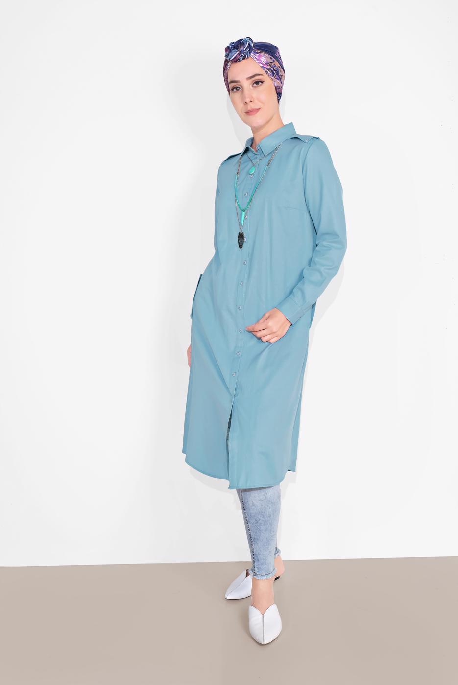 Tesettür giyim MAVİ PAMUKLU BOYDAN DÜĞMELİ TUNİK 18705 