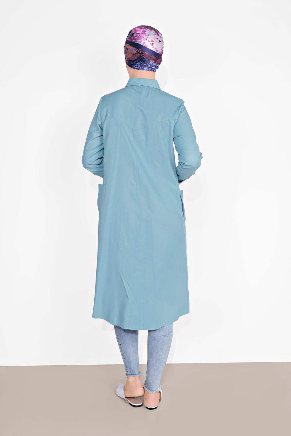 Tesettür giyim MAVİ PAMUKLU BOYDAN DÜĞMELİ TUNİK 18705 