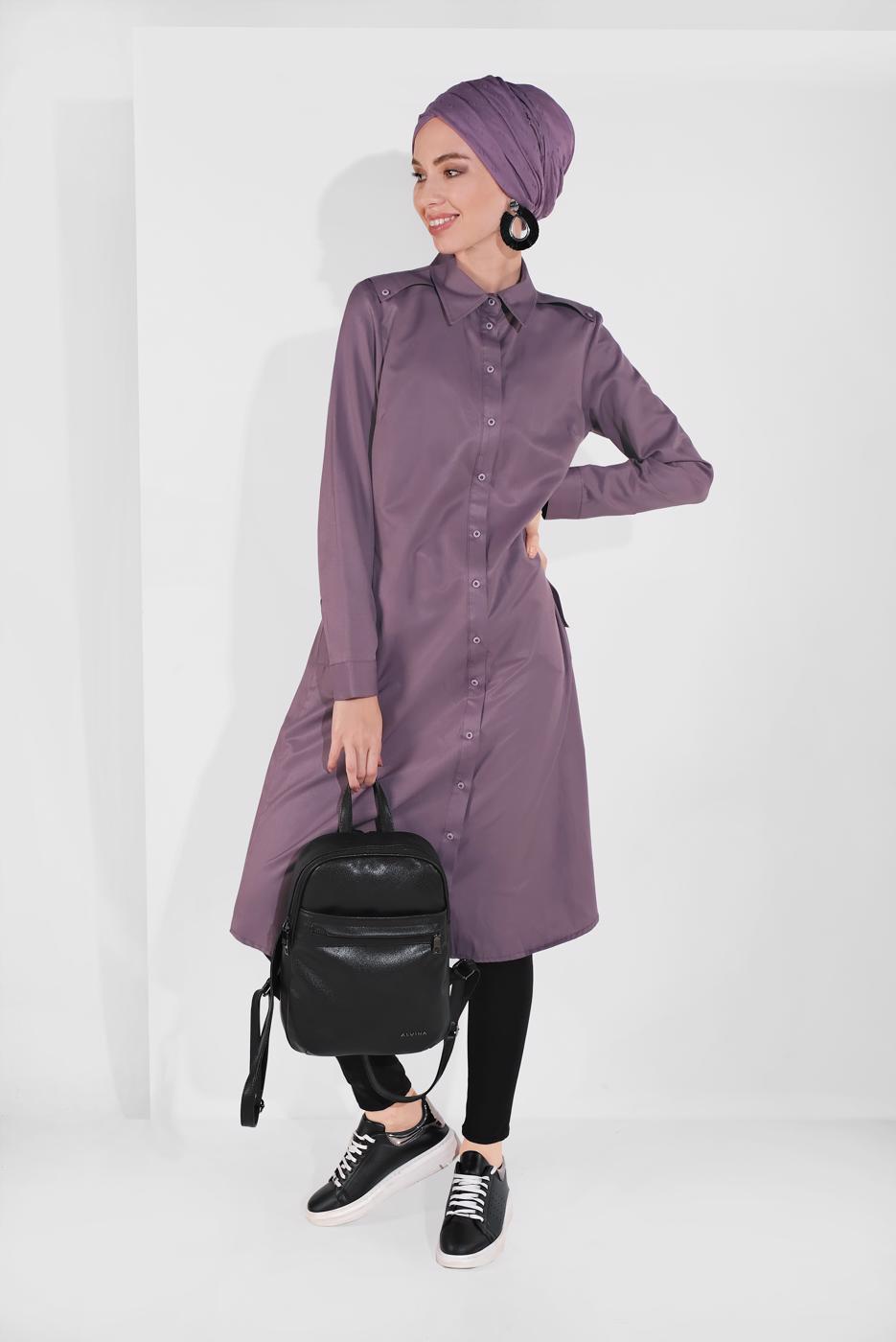 Tesettür giyim BEJ PAMUKLU BOYDAN DÜĞMELİ TUNİK 18705 