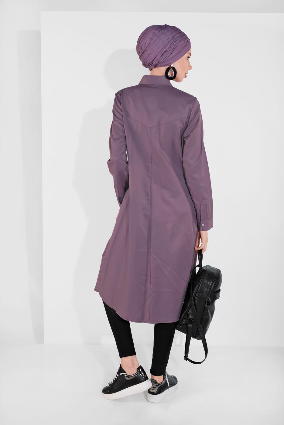 Tesettür giyim BEJ PAMUKLU BOYDAN DÜĞMELİ TUNİK 18705 