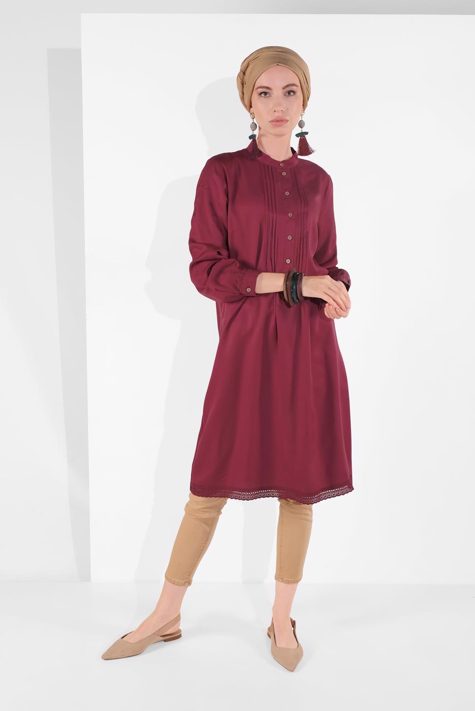 Tesettür giyim BORDO DÜĞMELİ TUNİK 19705