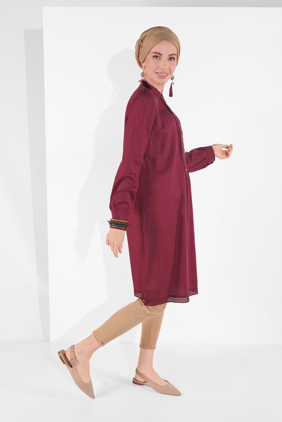 Tesettür giyim BORDO DÜĞMELİ TUNİK 19705
