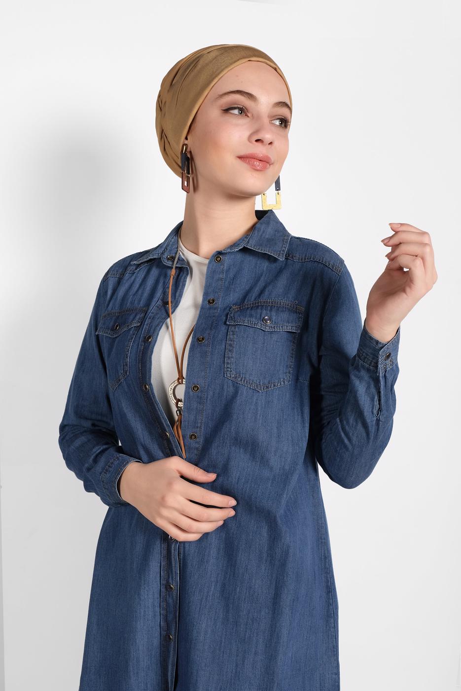 Tesettür giyim LACİVERT PAMUKLU DENİM TUNİK 24315