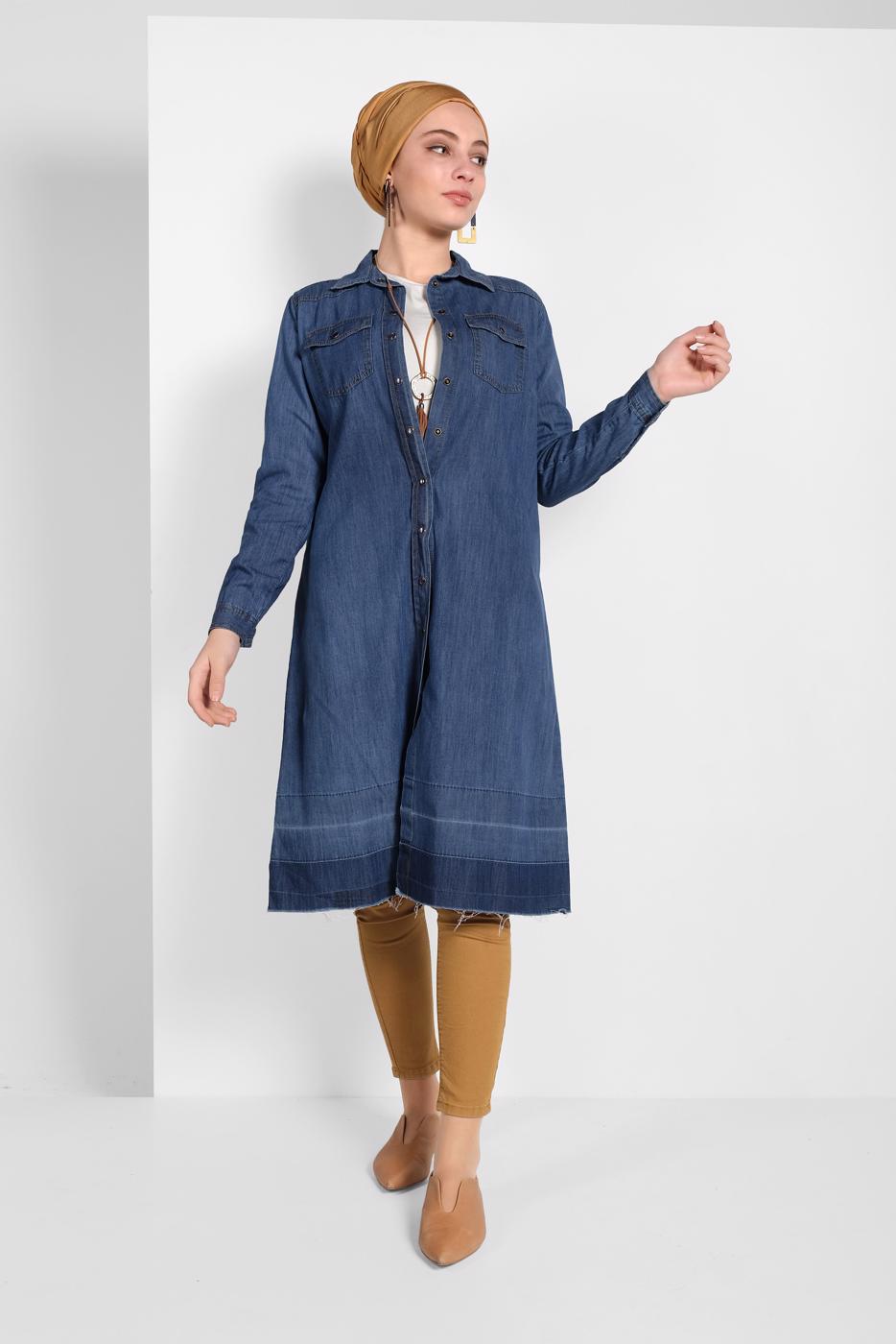 Tesettür giyim LACİVERT PAMUKLU DENİM TUNİK 24315