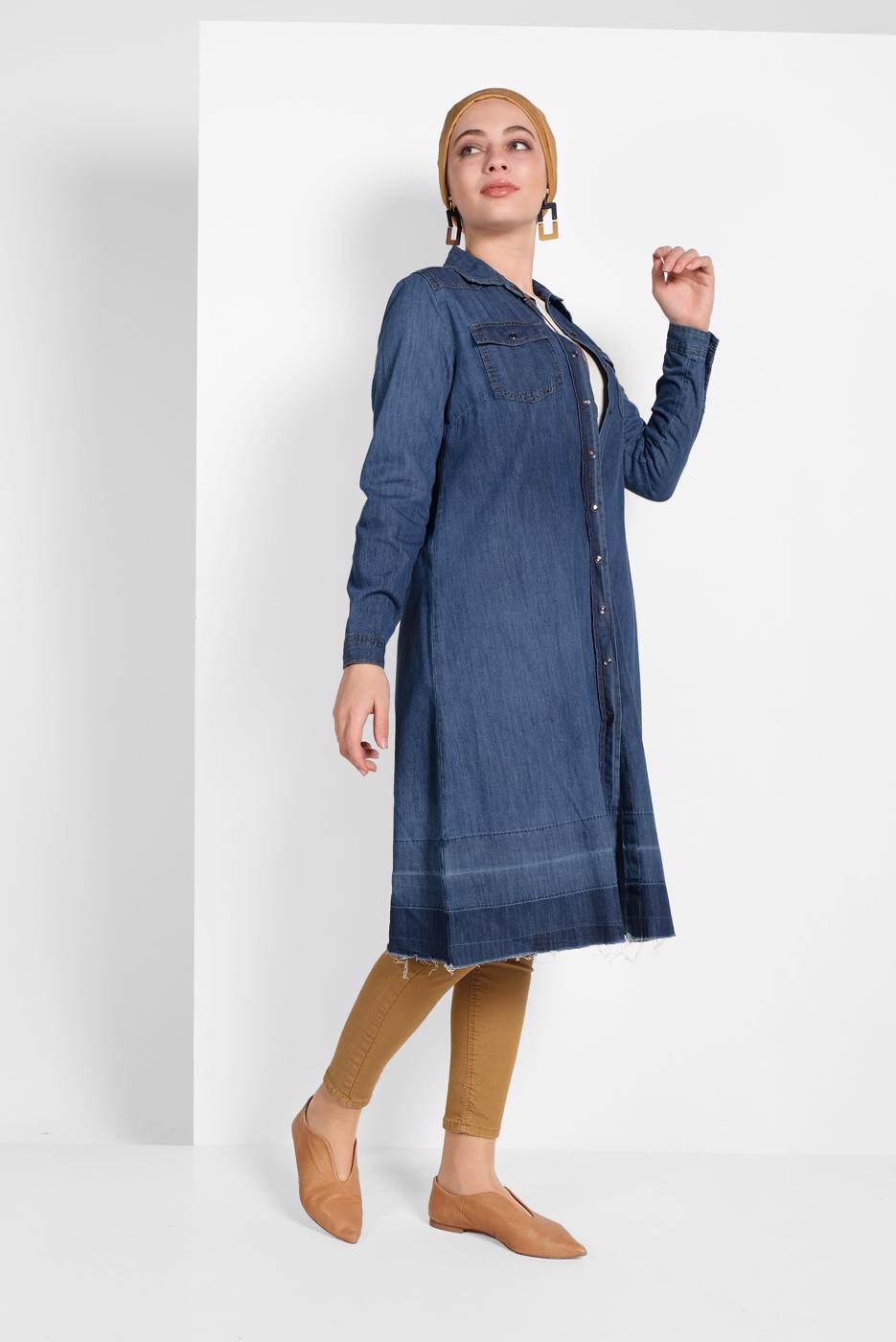 Tesettür giyim LACİVERT PAMUKLU DENİM TUNİK 24315