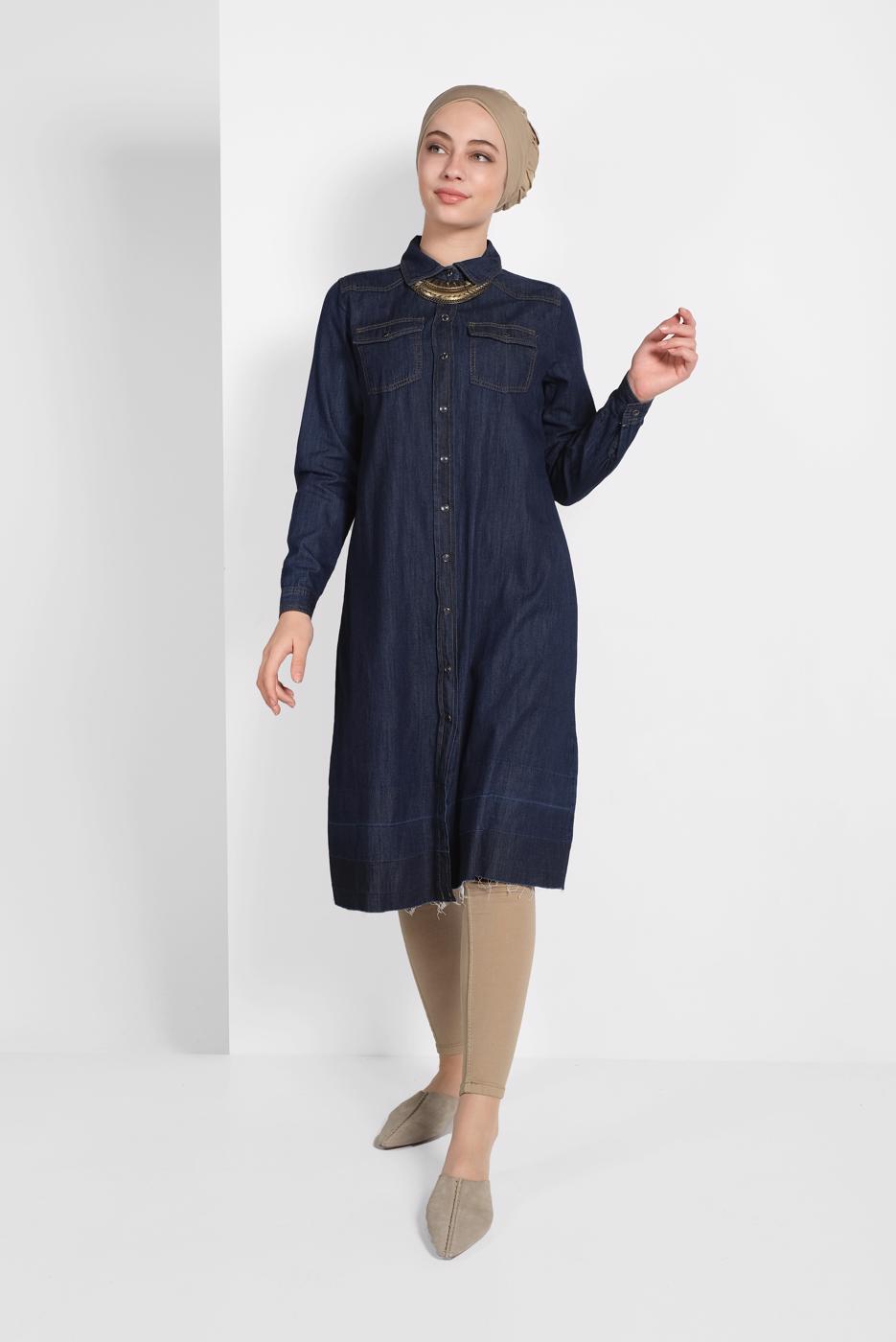 Tesettür giyim MAVİ PAMUKLU DENİM TUNİK 24315