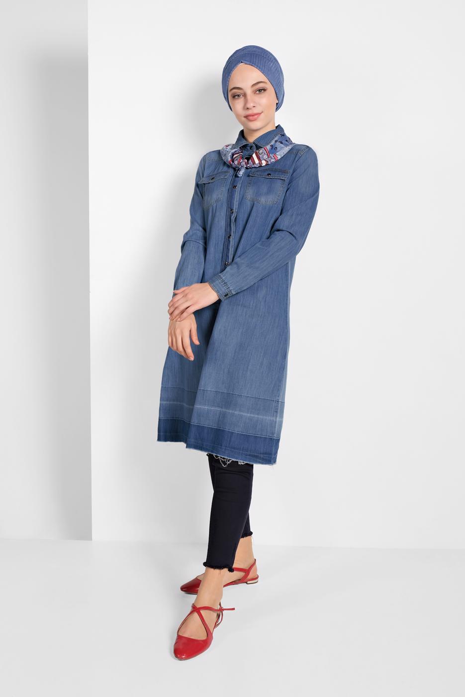 Tesettür giyim MAVİ PAMUKLU DENİM TUNİK 24315