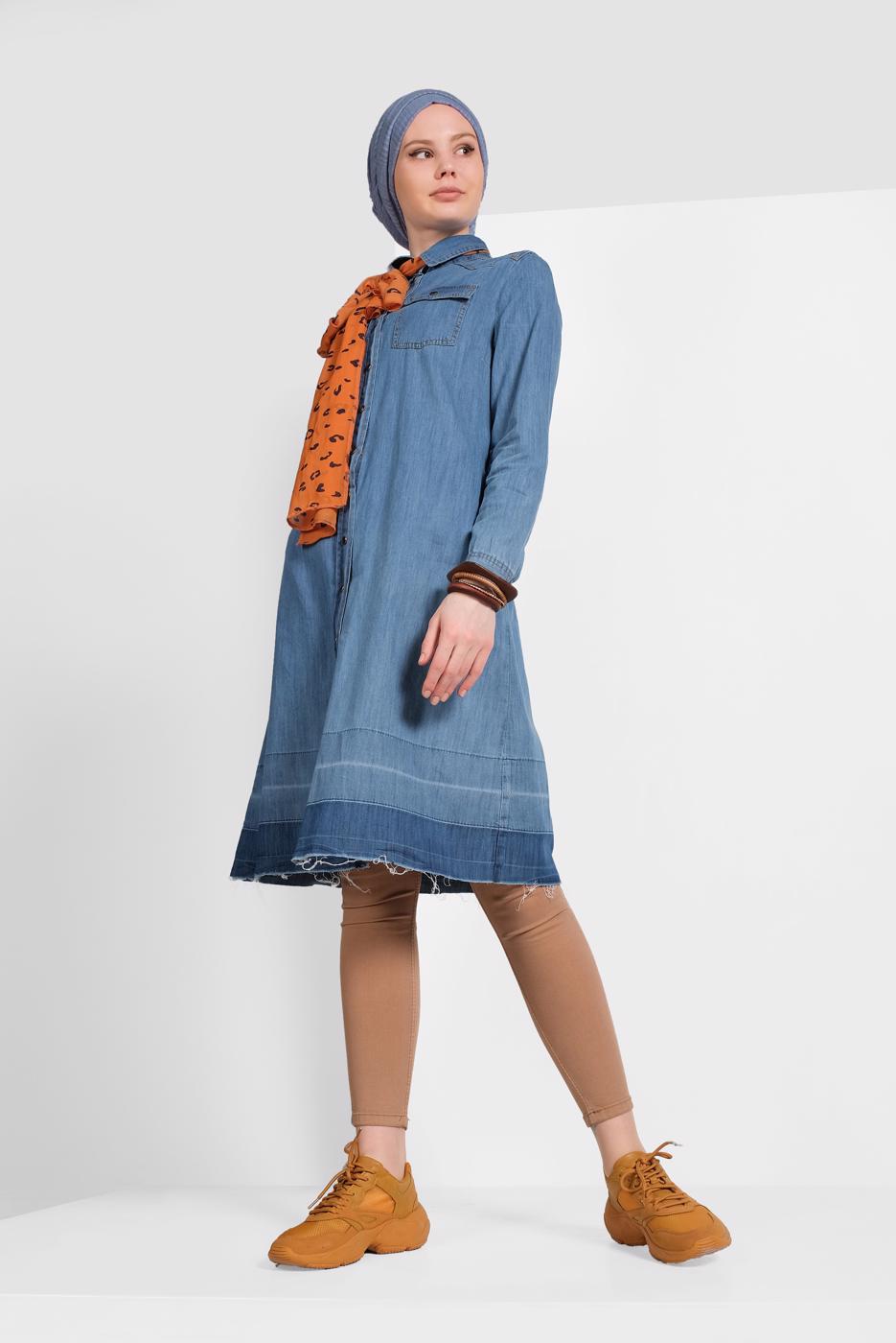 Tesettür giyim MAVİ PAMUKLU DENİM TUNİK 24315