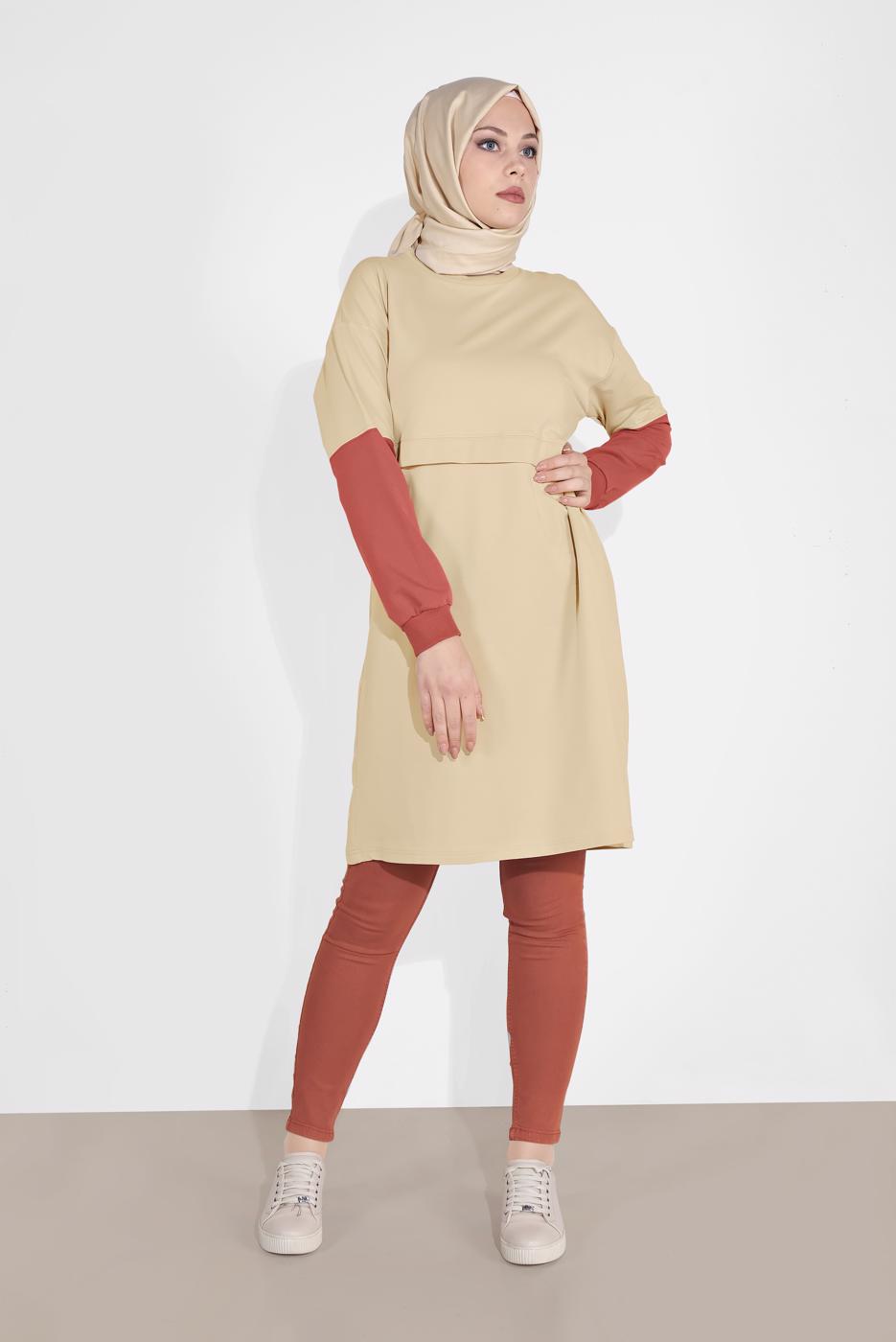 Tesettür giyim YEŞİL MANŞETLERİ LASTİKLİ BİSİKLET YAKA TUNİK 30125 