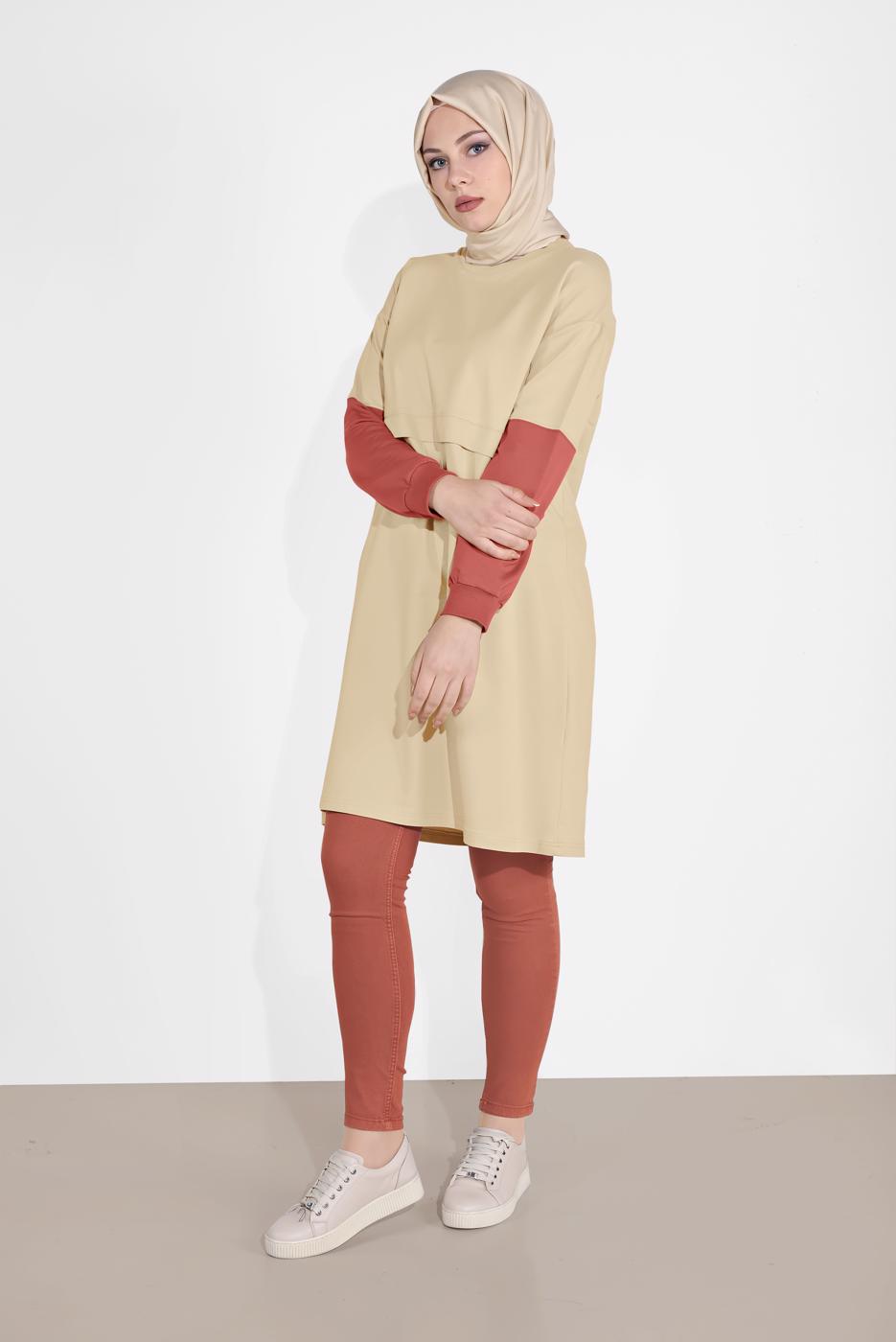 Tesettür giyim YEŞİL MANŞETLERİ LASTİKLİ BİSİKLET YAKA TUNİK 30125 