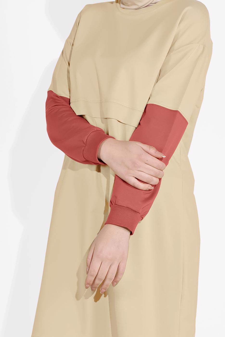 Tesettür giyim YEŞİL MANŞETLERİ LASTİKLİ BİSİKLET YAKA TUNİK 30125 