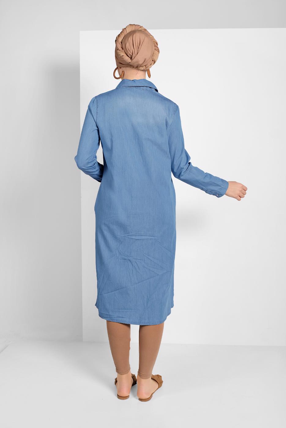 Tesettür giyim MAVİ FERMUAR DETAYLI DENİM TUNİK 34915