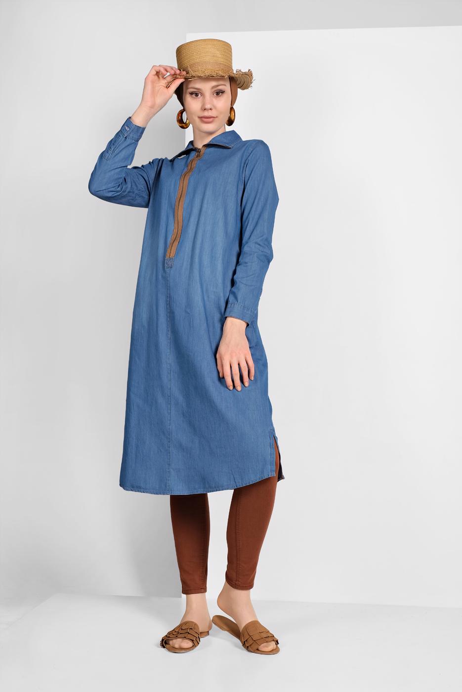 Tesettür giyim MAVİ FERMUAR DETAYLI DENİM TUNİK 34915