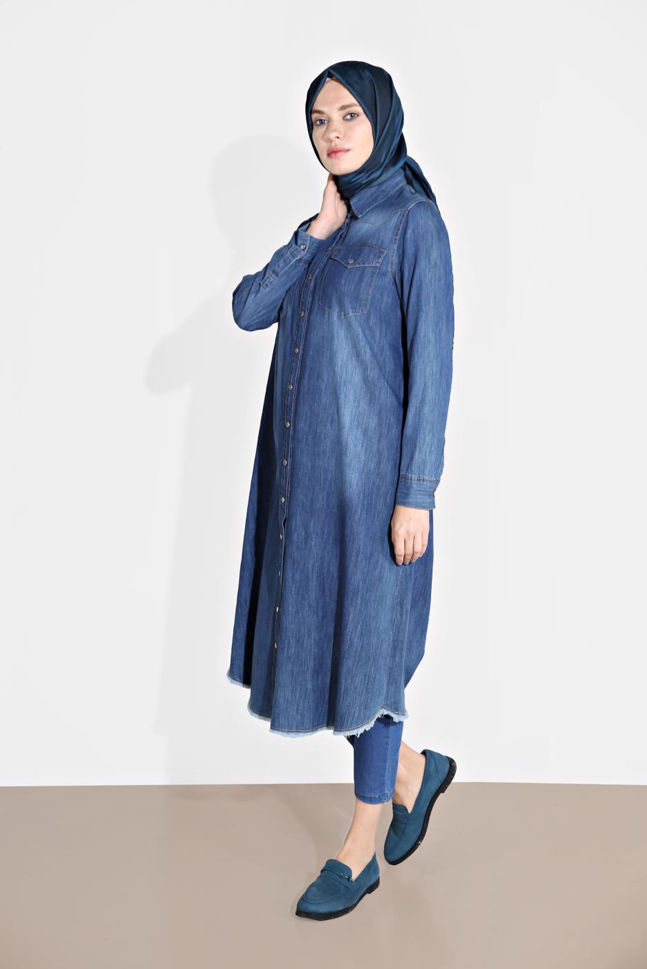 Tesettür giyim MAVİ DÜĞMELİ DENİM TUNİK 44915