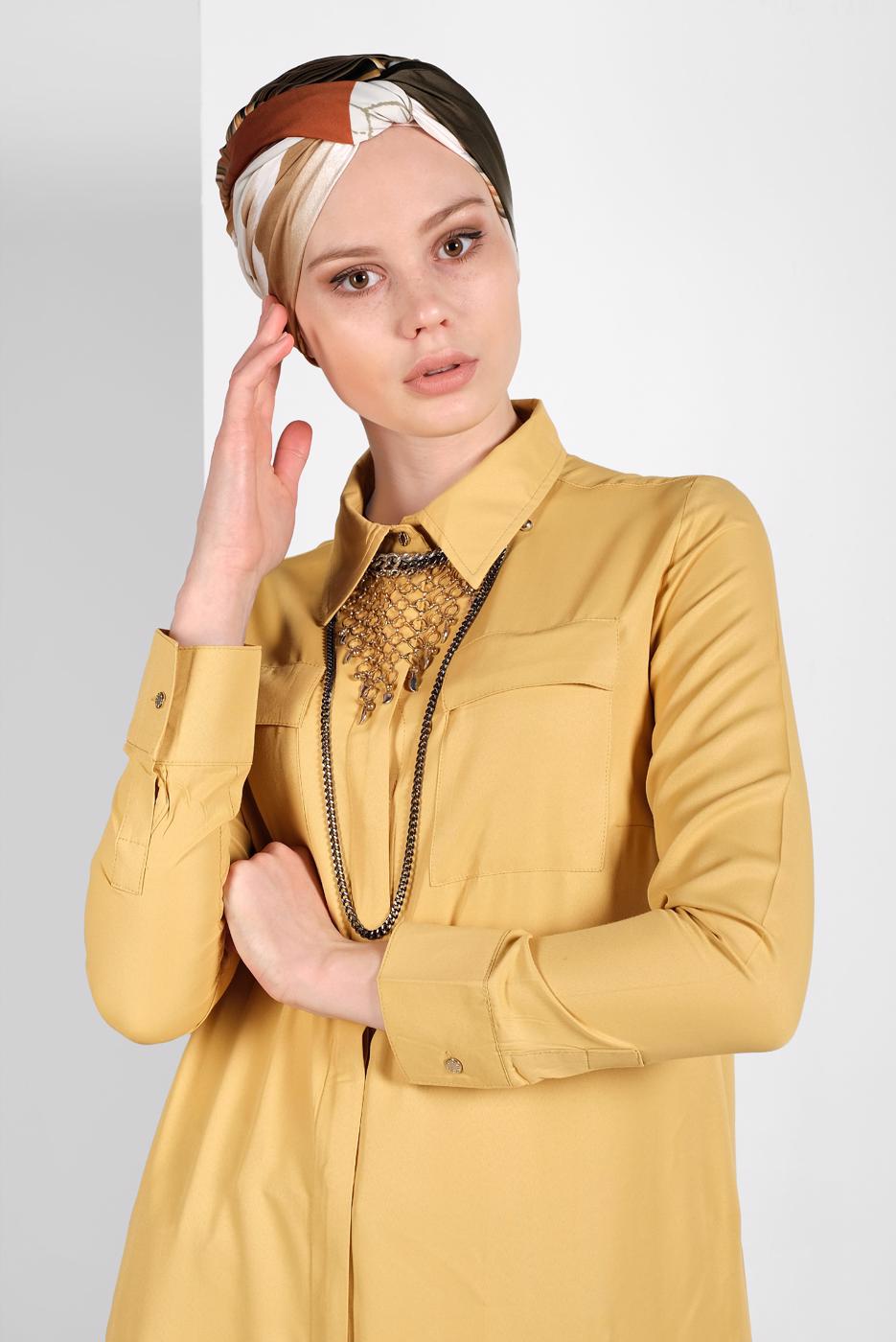 Tesettür giyim SARI CEP DETAYLI UZUN TUNİK 45915