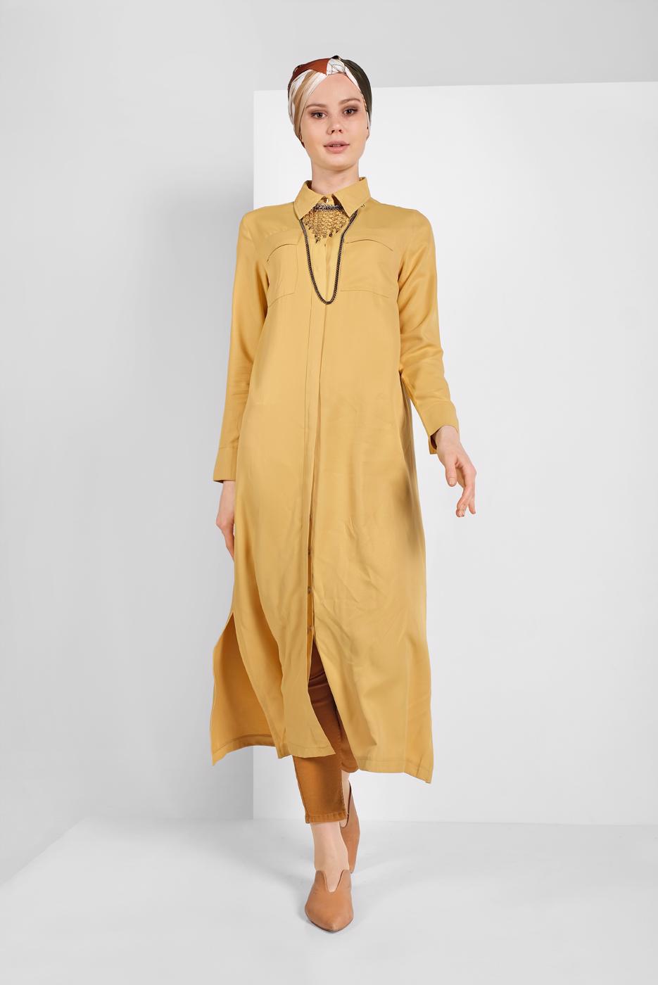 Tesettür giyim SARI CEP DETAYLI UZUN TUNİK 45915
