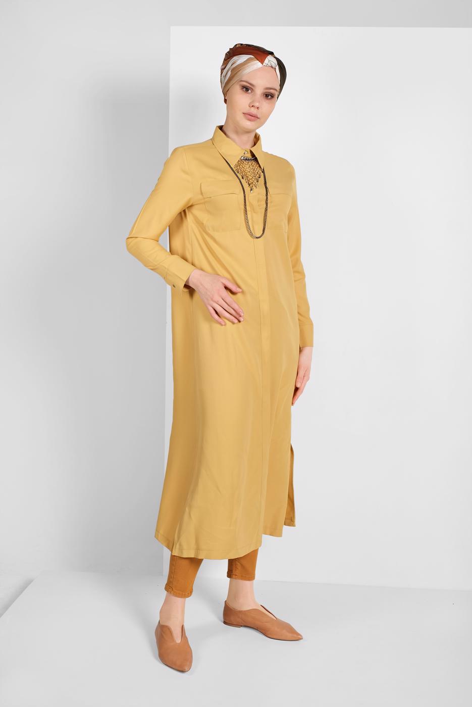 Tesettür giyim SARI CEP DETAYLI UZUN TUNİK 45915