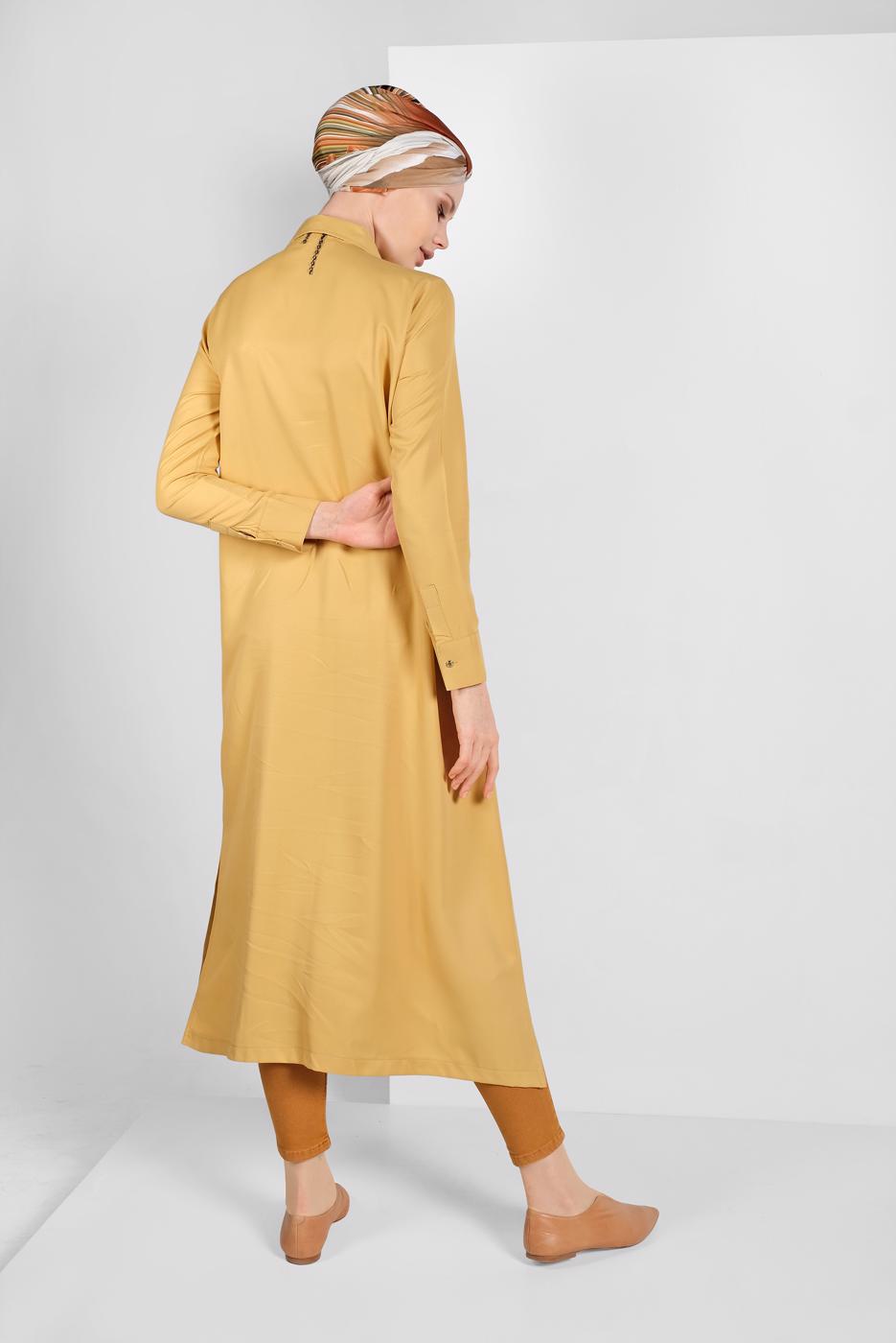 Tesettür giyim SARI CEP DETAYLI UZUN TUNİK 45915