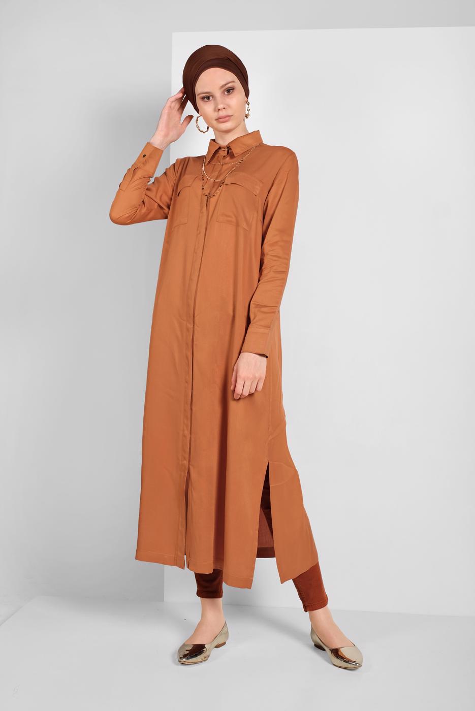 Tesettür giyim KAHVE CEP DETAYLI UZUN TUNİK 45915