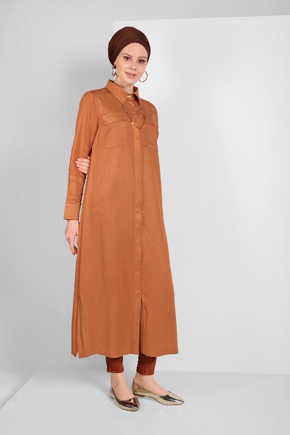 Tesettür giyim KAHVE CEP DETAYLI UZUN TUNİK 45915