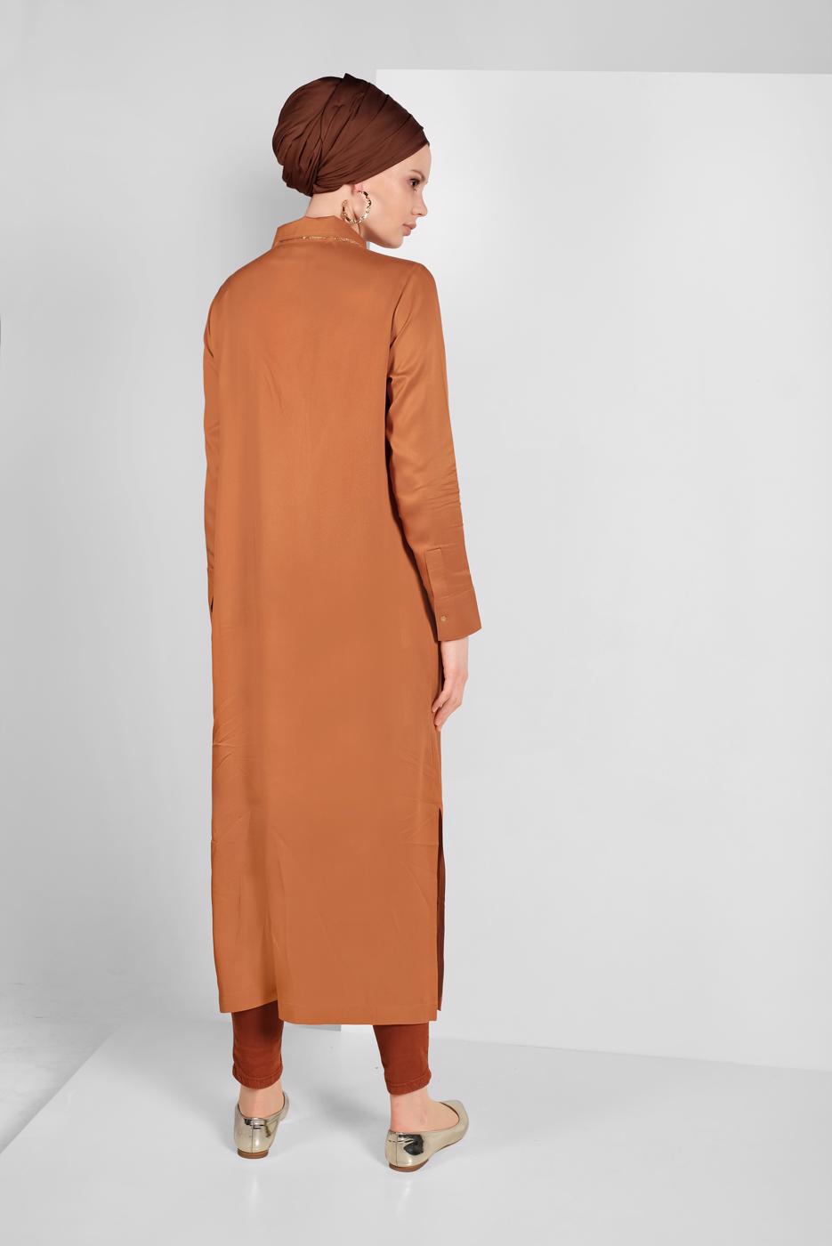 Tesettür giyim KAHVE CEP DETAYLI UZUN TUNİK 45915