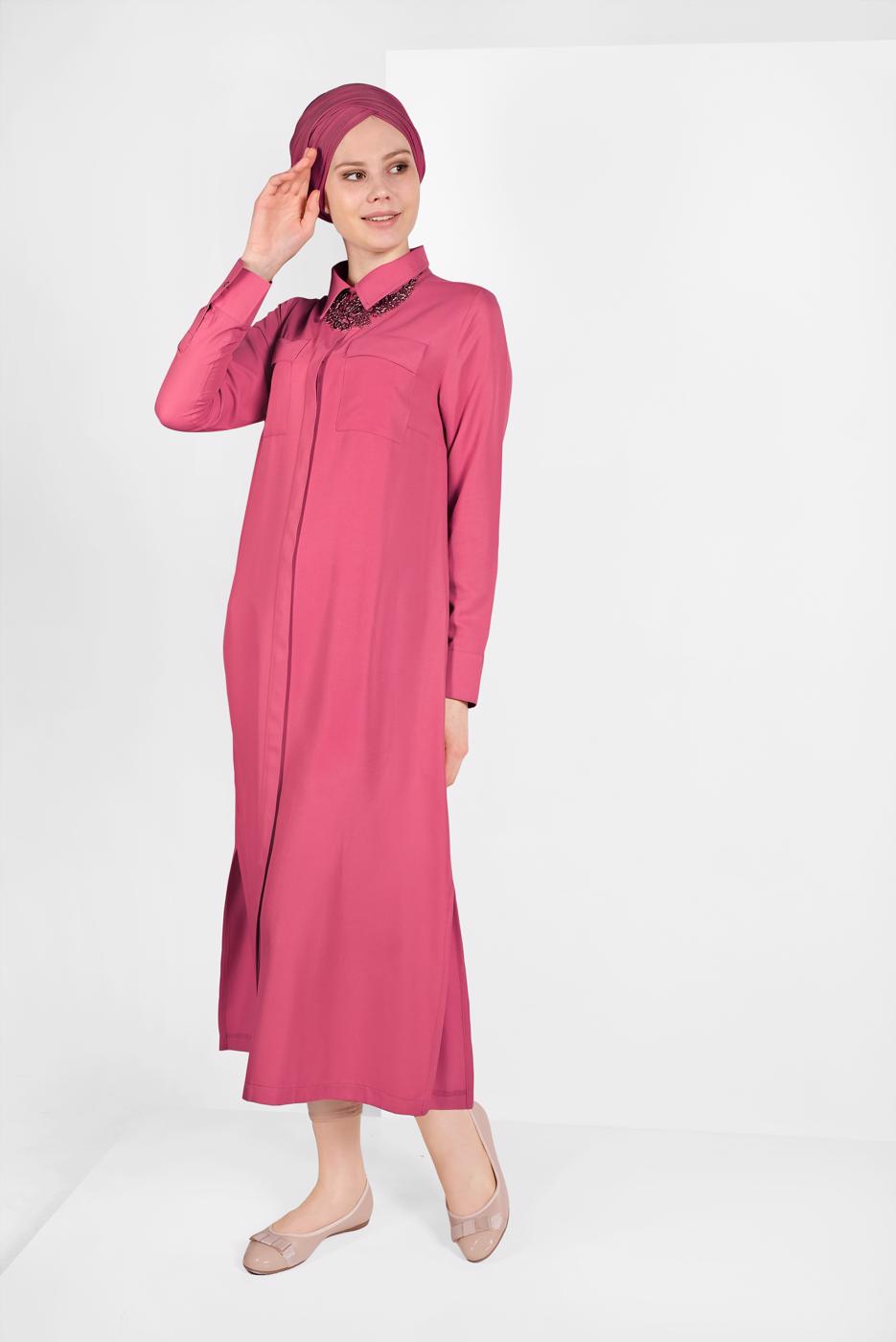 Tesettür giyim FUŞYA CEP DETAYLI UZUN TUNİK 45915