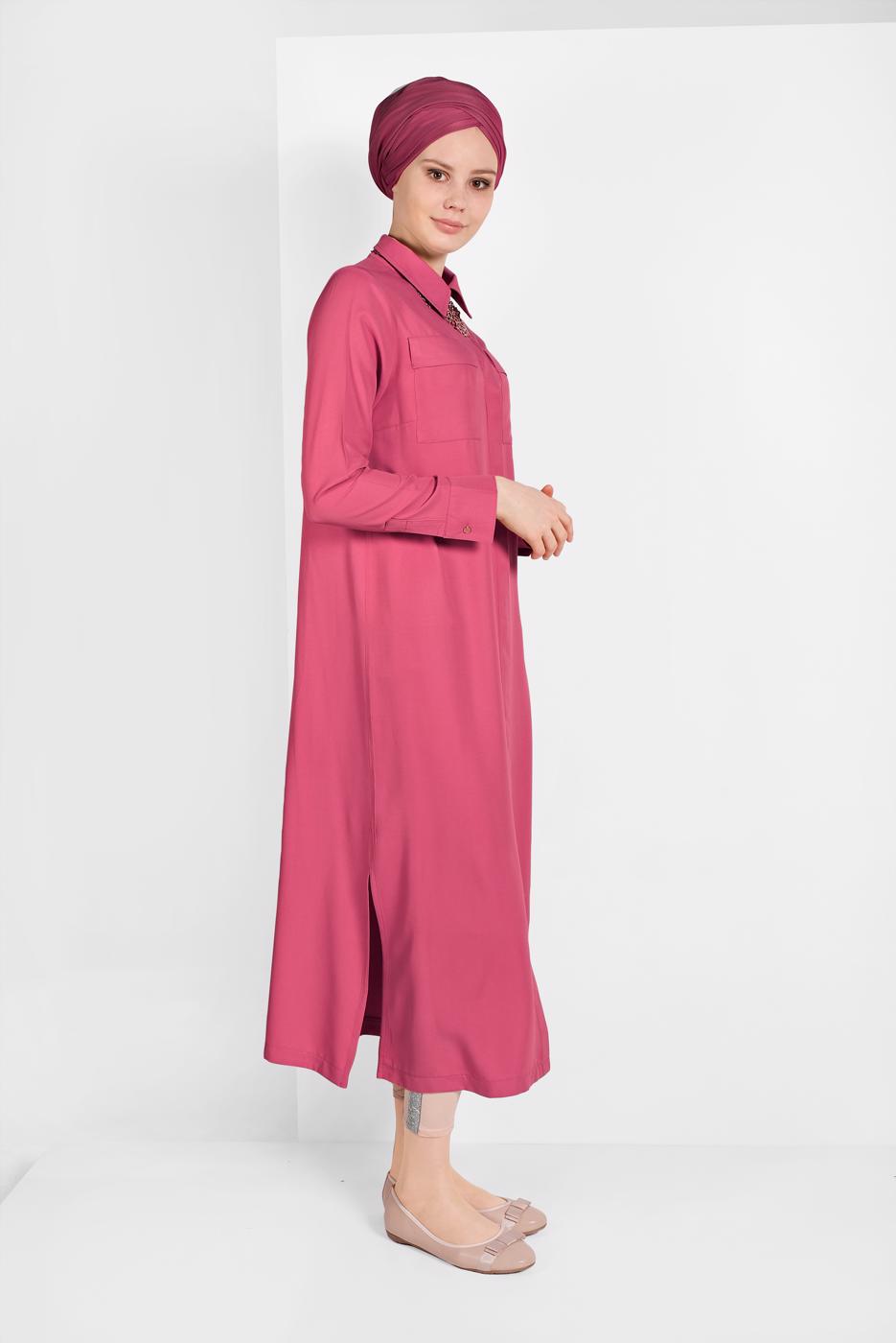 Tesettür giyim FUŞYA CEP DETAYLI UZUN TUNİK 45915