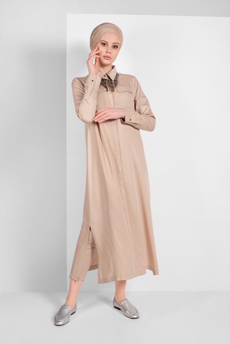 Tesettür giyim BEJ CEP DETAYLI UZUN TUNİK 45915