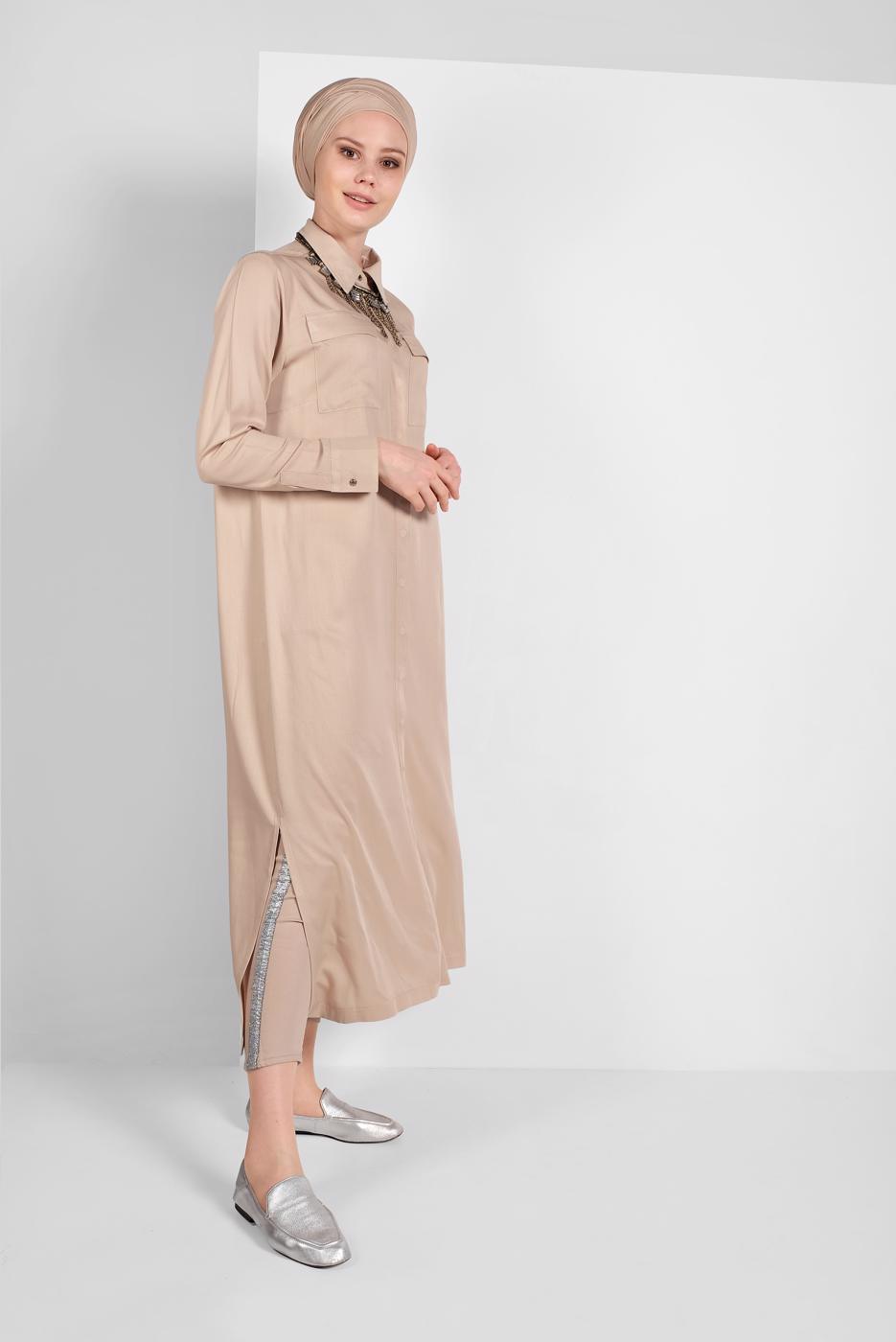 Tesettür giyim BEJ CEP DETAYLI UZUN TUNİK 45915