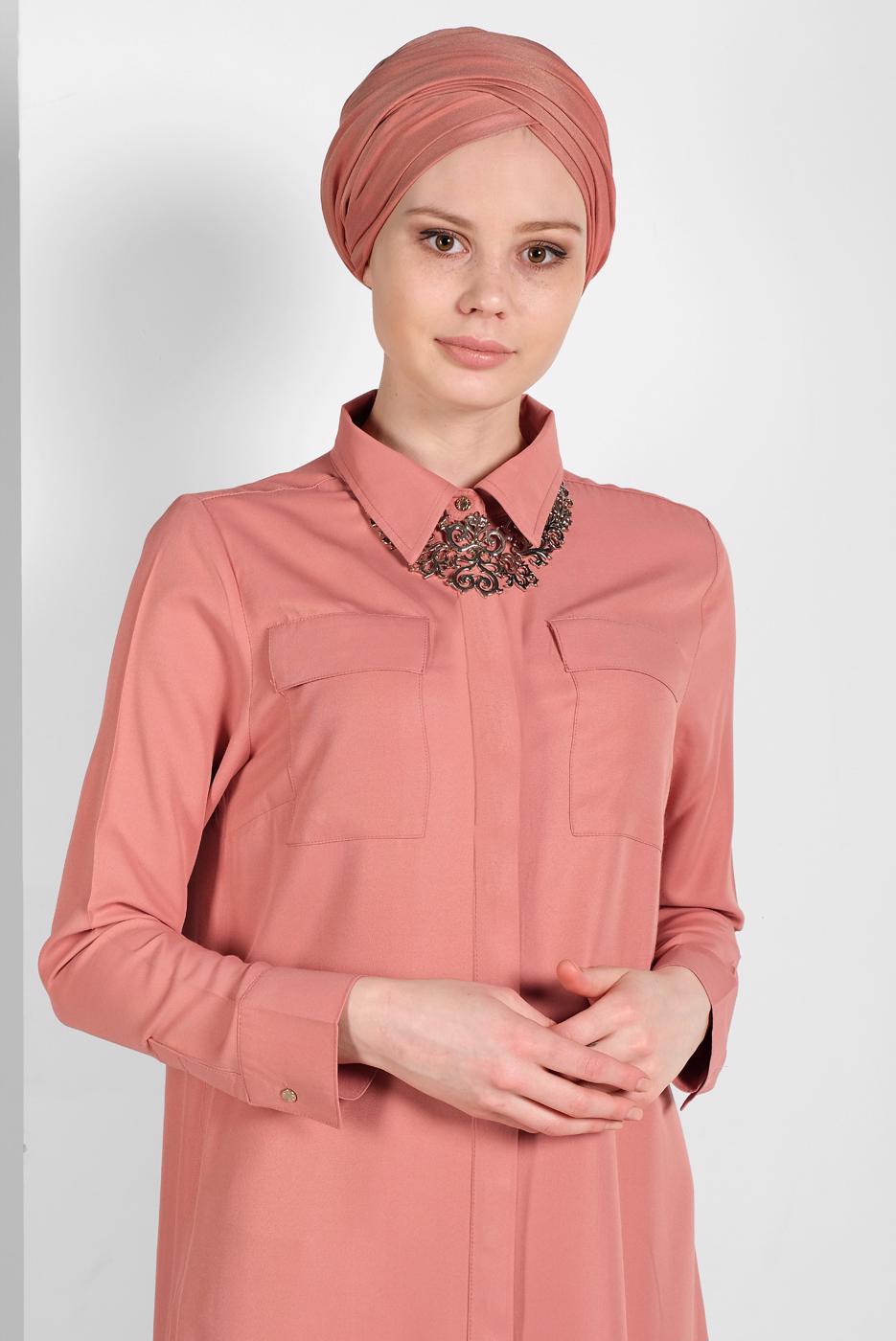 Tesettür giyim PUDRA CEP DETAYLI UZUN TUNİK 45915