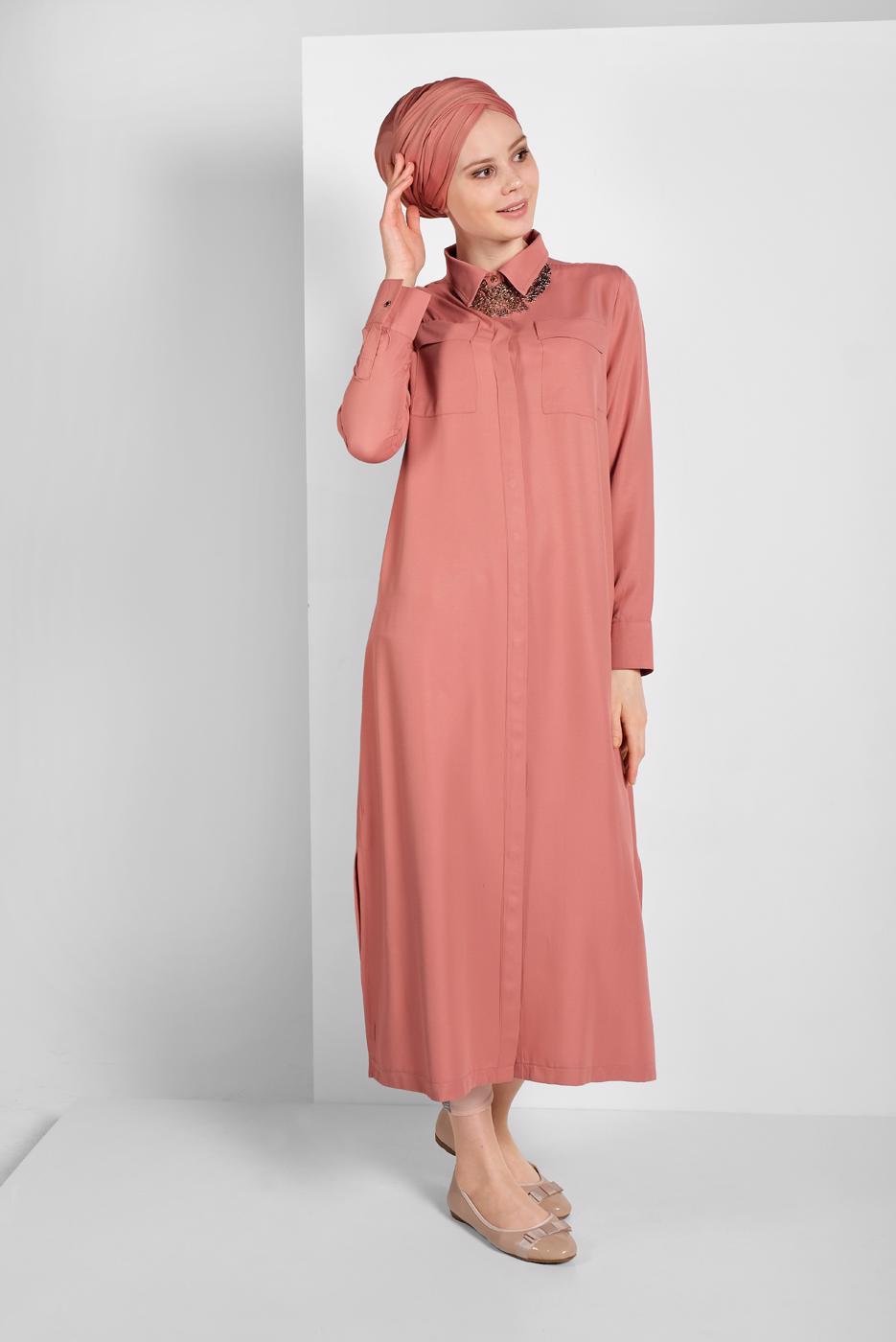 Tesettür giyim PUDRA CEP DETAYLI UZUN TUNİK 45915