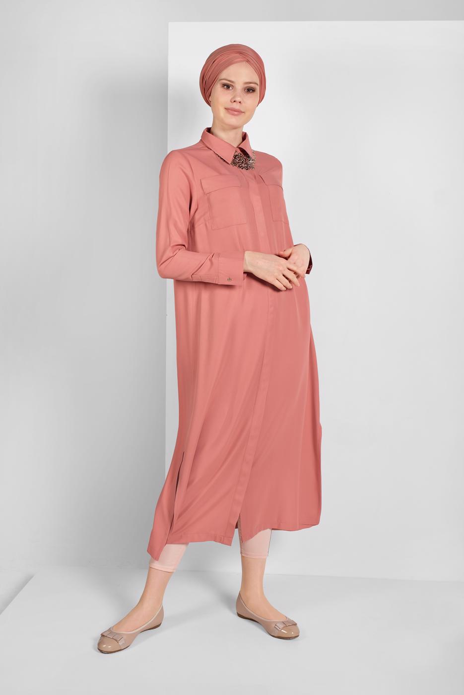 Tesettür giyim PUDRA CEP DETAYLI UZUN TUNİK 45915