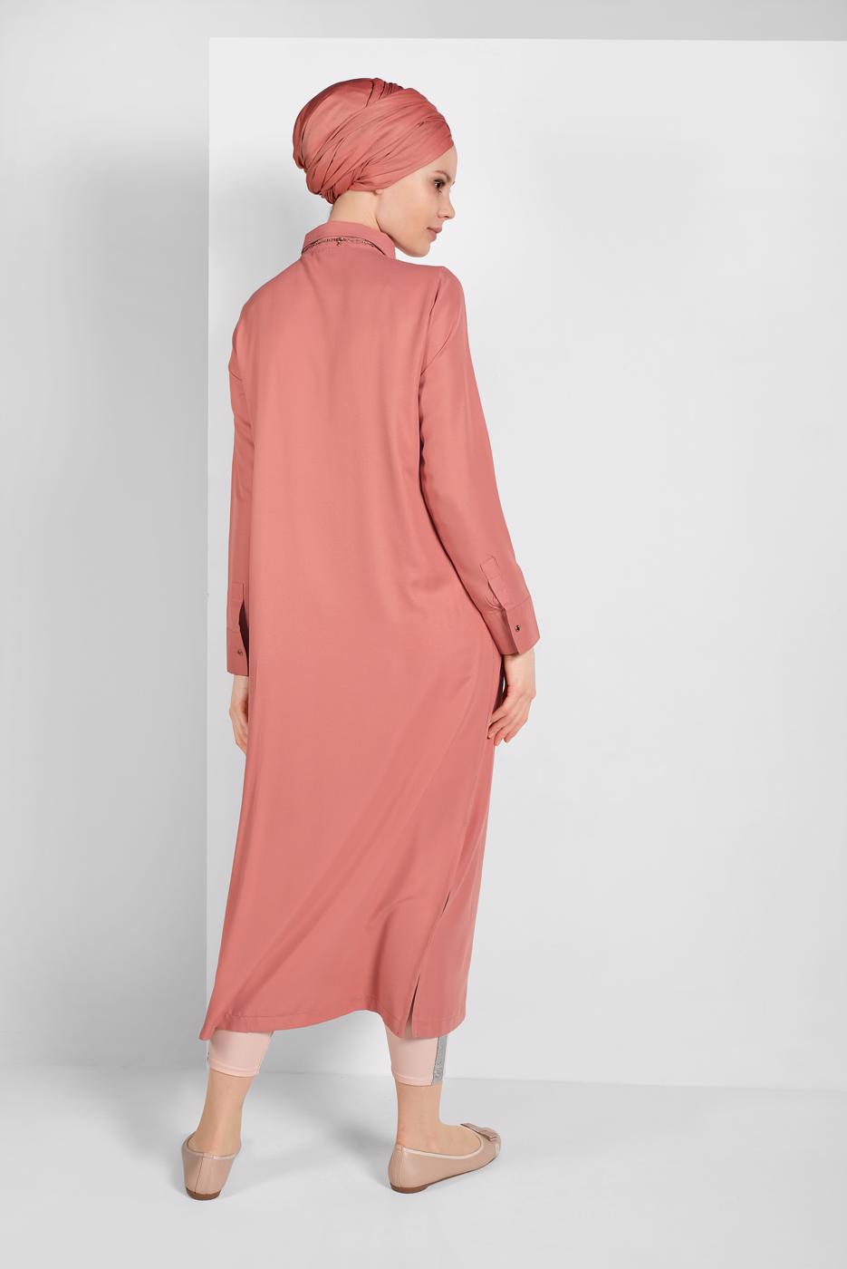 Tesettür giyim PUDRA CEP DETAYLI UZUN TUNİK 45915