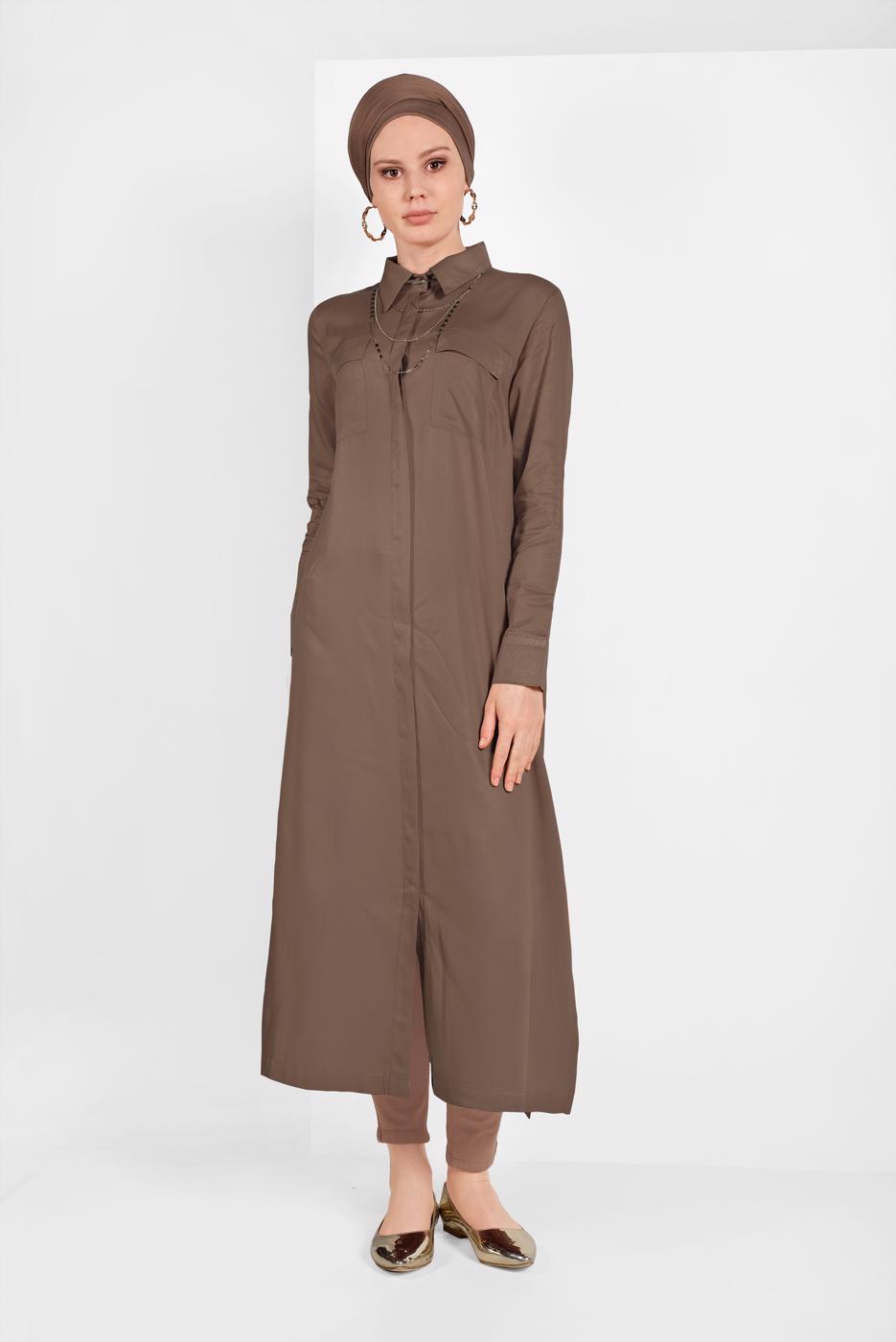 Tesettür giyim KAHVE CEP DETAYLI UZUN TUNİK 45915