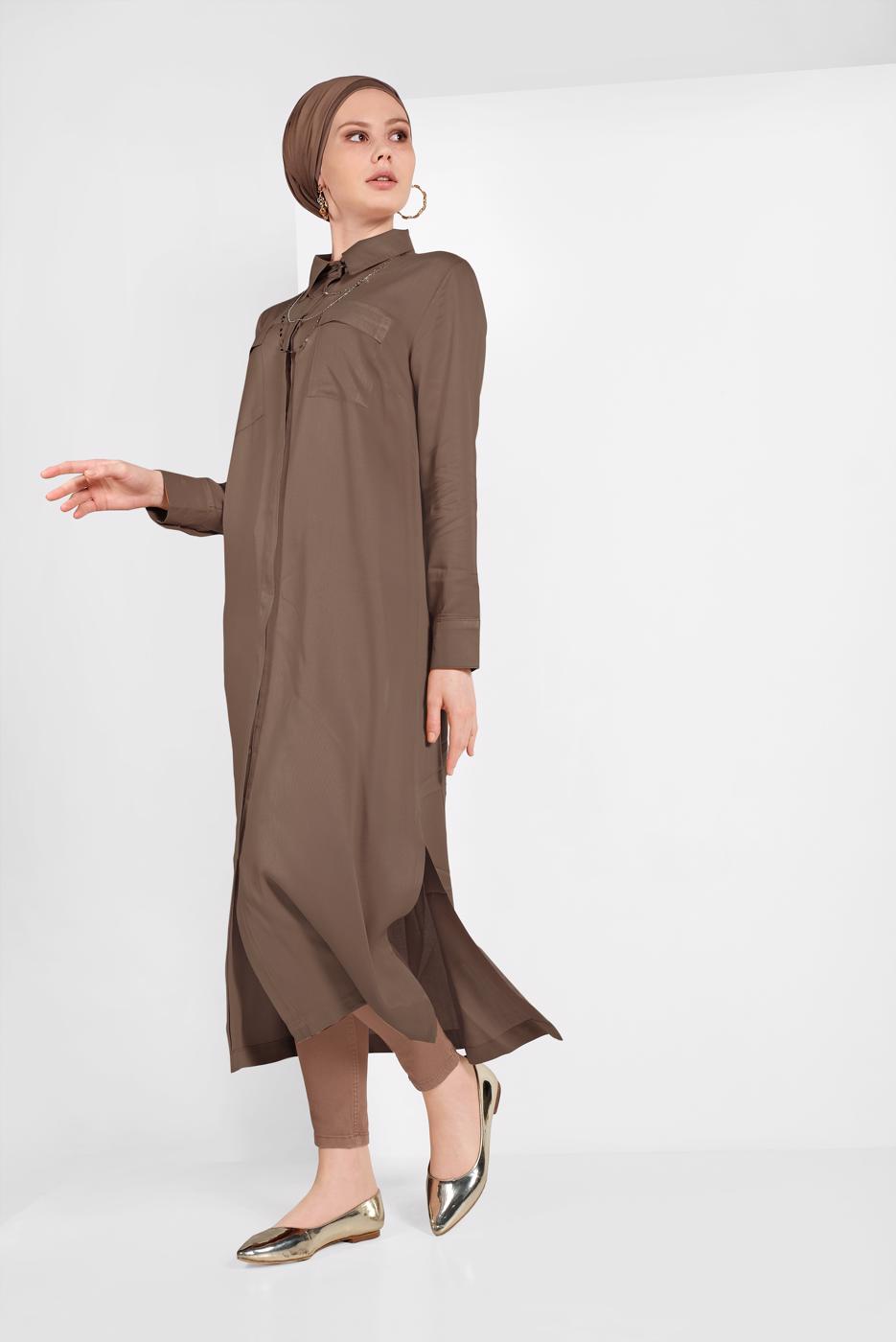 Tesettür giyim KAHVE CEP DETAYLI UZUN TUNİK 45915