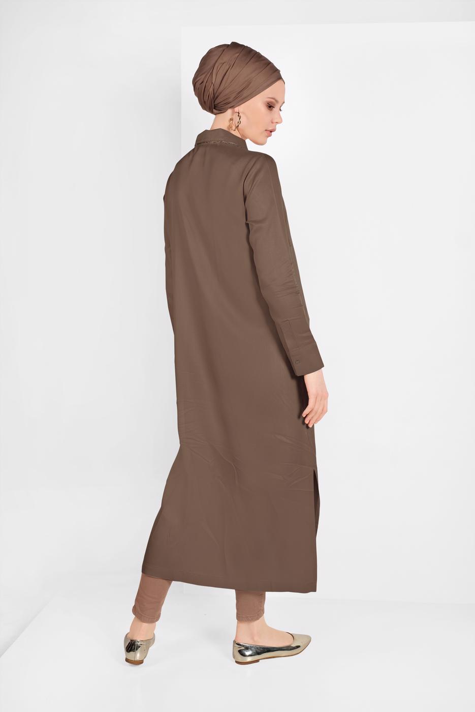 Tesettür giyim KAHVE CEP DETAYLI UZUN TUNİK 45915