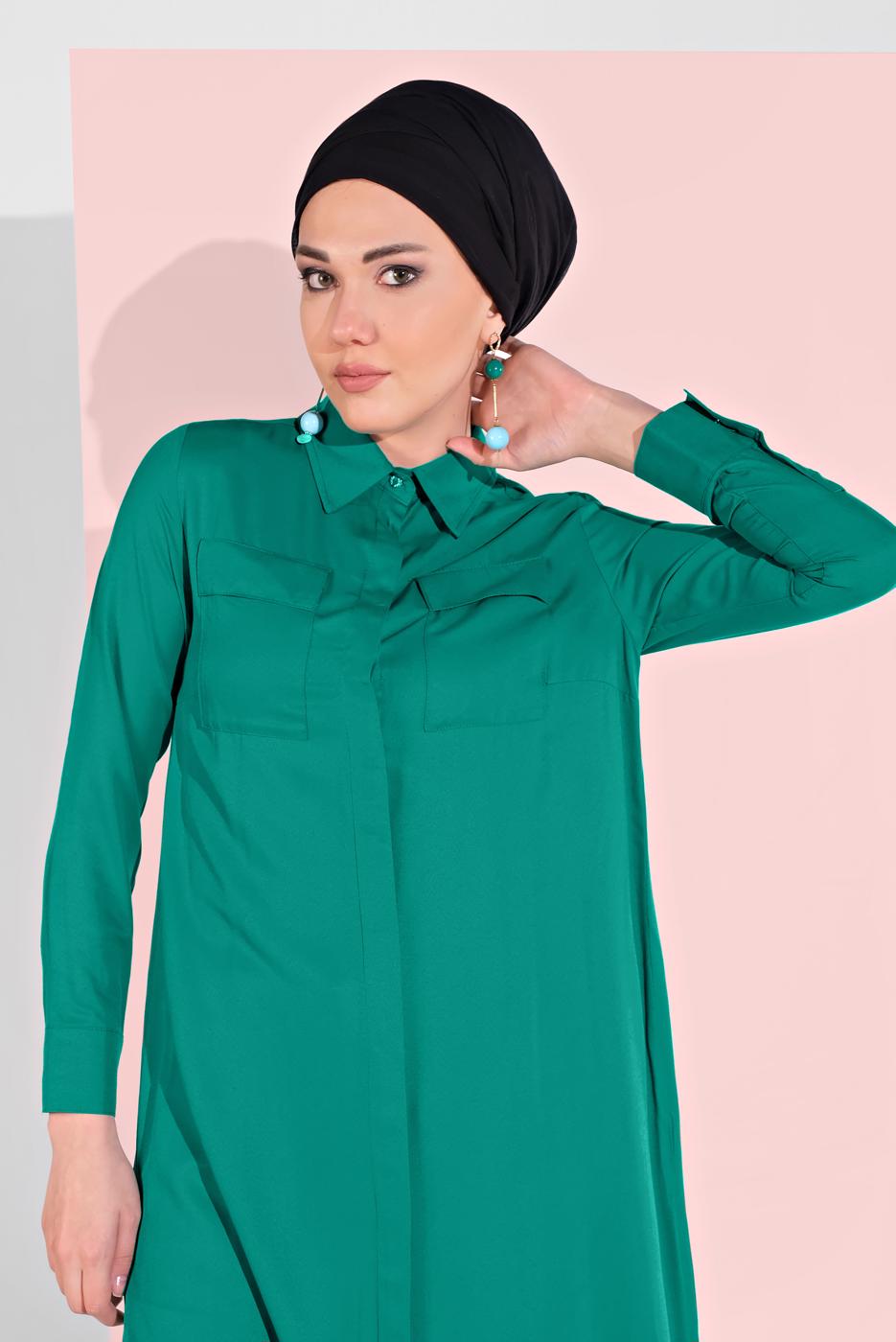 Tesettür giyim YEŞİL CEP DETAYLI UZUN TUNİK 45915