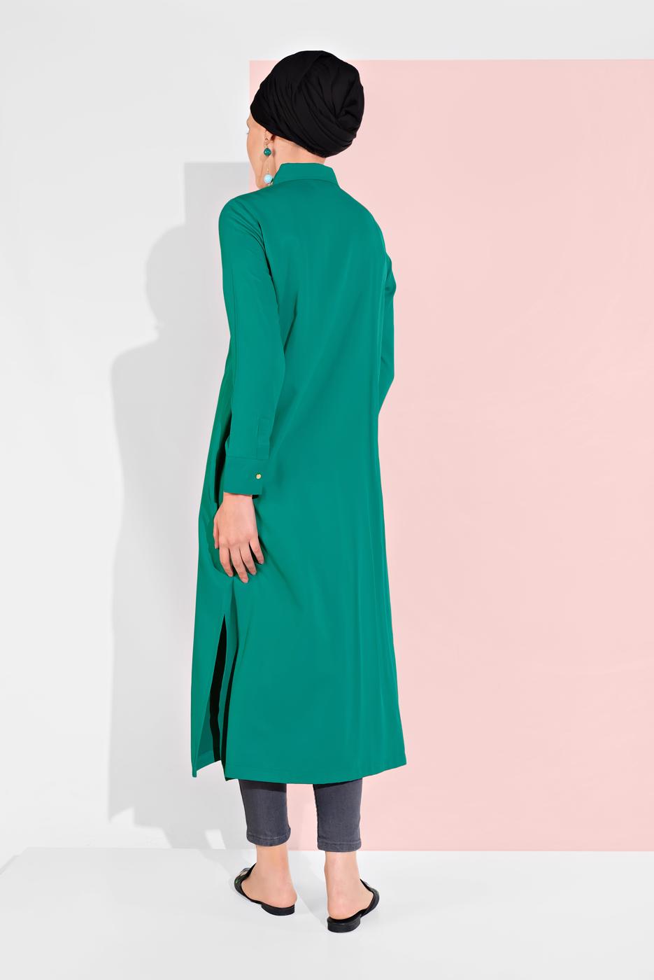 Tesettür giyim YEŞİL CEP DETAYLI UZUN TUNİK 45915
