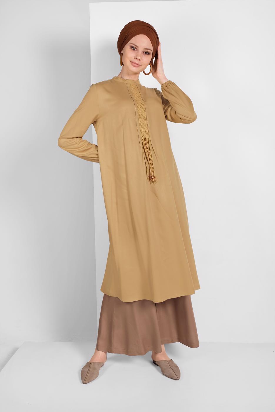 Tesettür giyim TURUNCU DANTEL DETAYLI UZUN TUNİK 52025