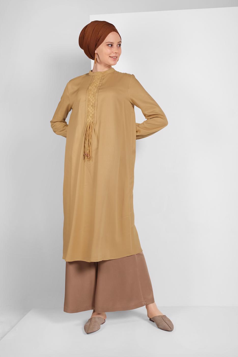 Tesettür giyim TURUNCU DANTEL DETAYLI UZUN TUNİK 52025