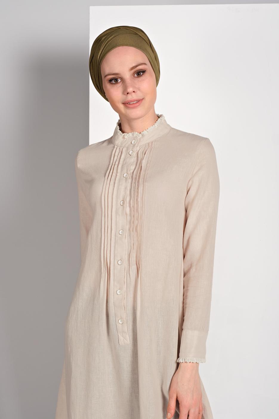 Tesettür giyim BEJ HAKİM YAKA UZUN TUNİK 56025