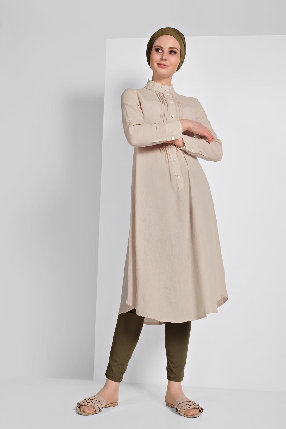Tesettür giyim BEJ HAKİM YAKA UZUN TUNİK 56025