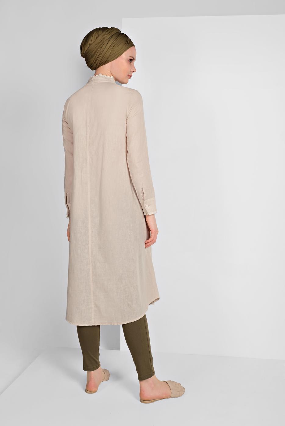 Tesettür giyim BEJ HAKİM YAKA UZUN TUNİK 56025