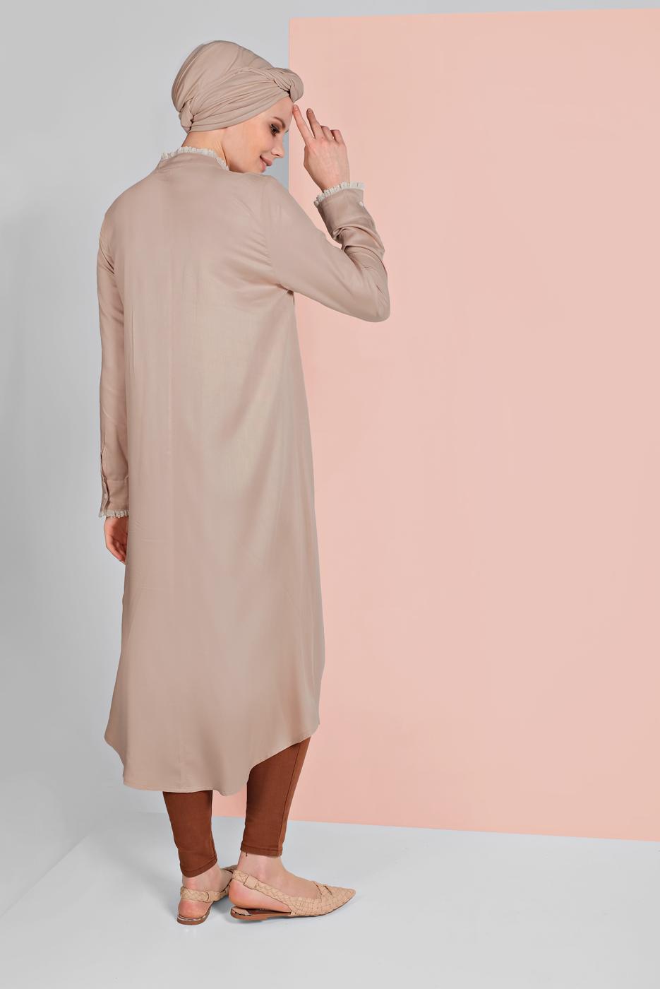 Tesettür giyim BEJ HAKİM YAKA UZUN TUNİK 56025