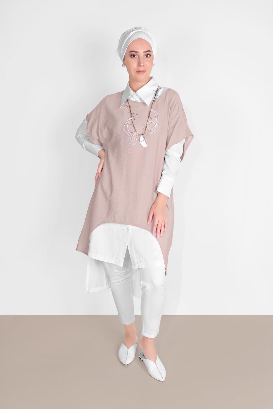 Tesettür giyim BEJ İKİLİ TUNİK 56208 