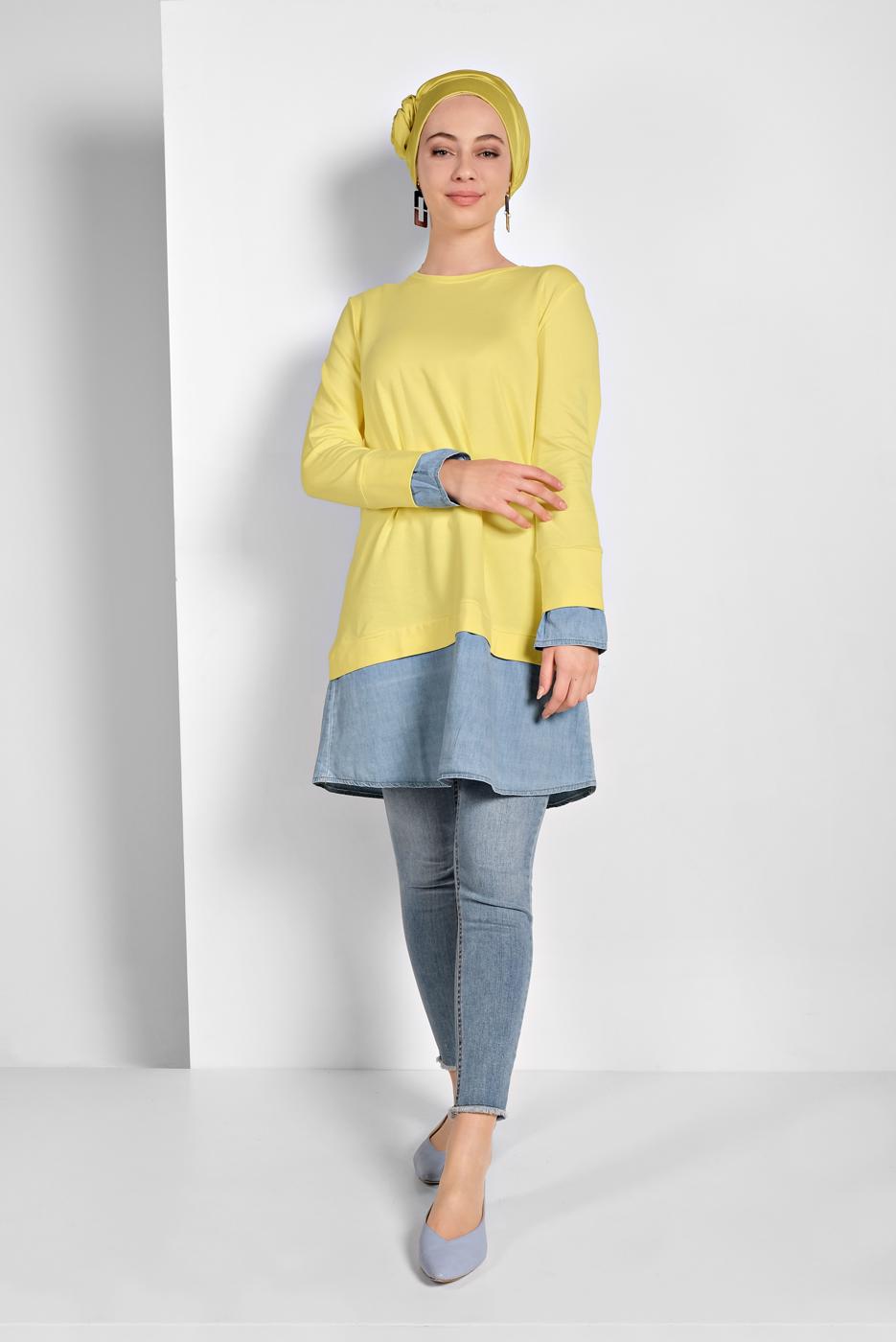 Tesettür giyim SARI YUVARLAK YAKA TUNİK 66125