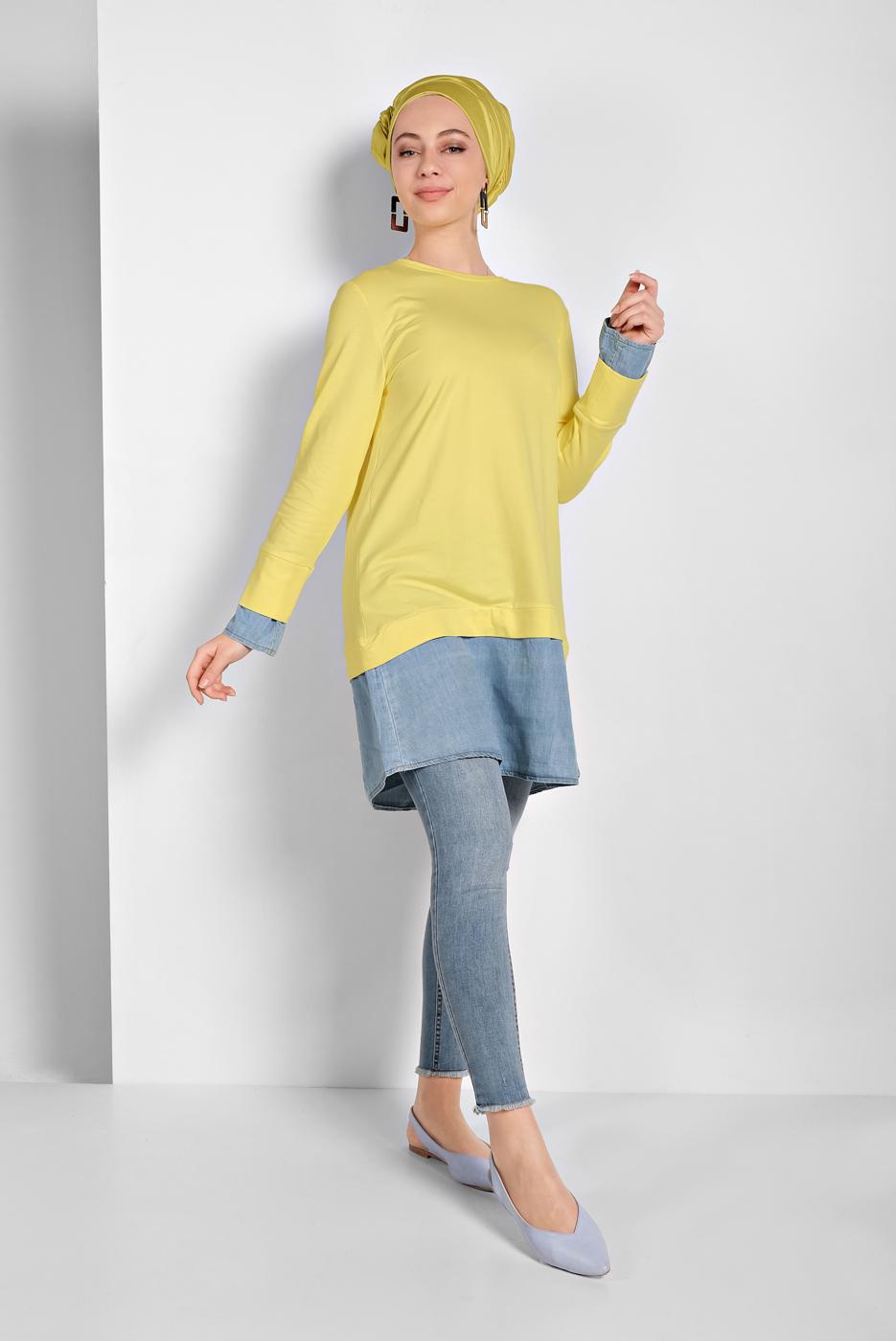 Tesettür giyim SARI YUVARLAK YAKA TUNİK 66125