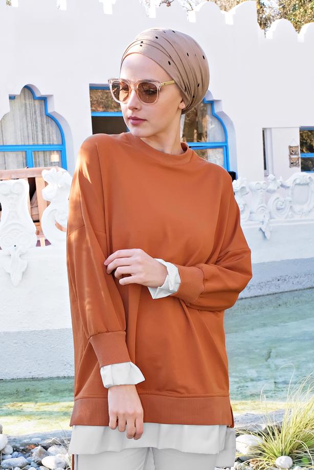 Vêtements hijab BRUN TUNIQUE DÉTAILLÉ À PIÈCE INSÉRÉ 69515 - TRENDTESETTÜR