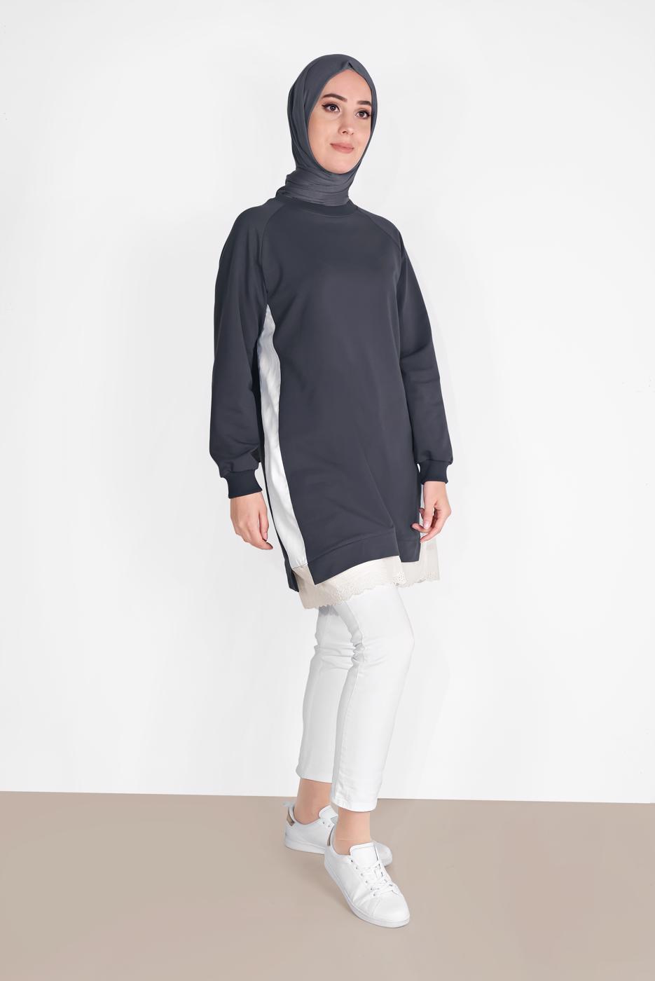 Tesettür giyim GRİ ETEK UCU GÜPÜRLÜ PARÇALI TUNİK 75025 