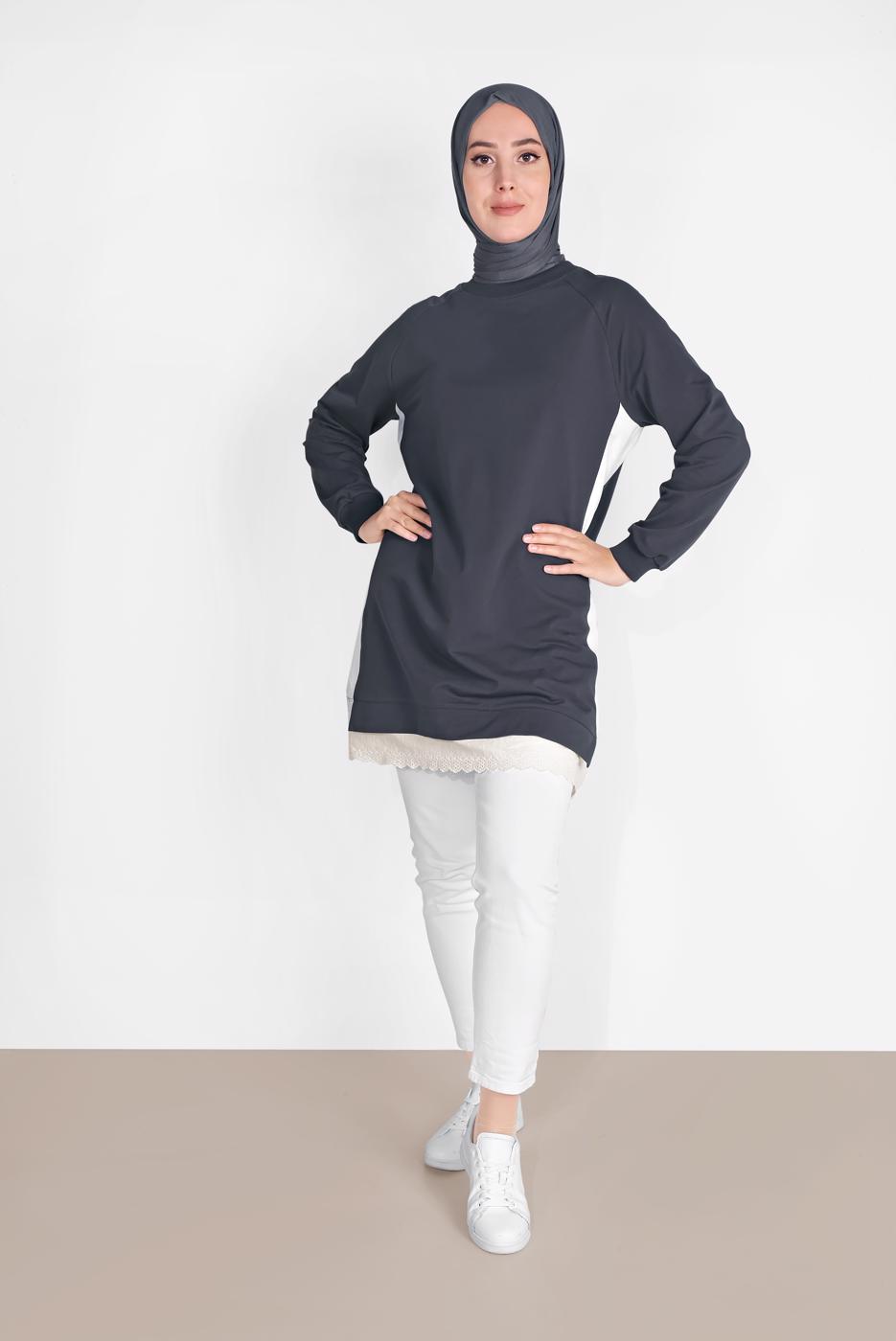 Tesettür giyim GRİ ETEK UCU GÜPÜRLÜ PARÇALI TUNİK 75025 